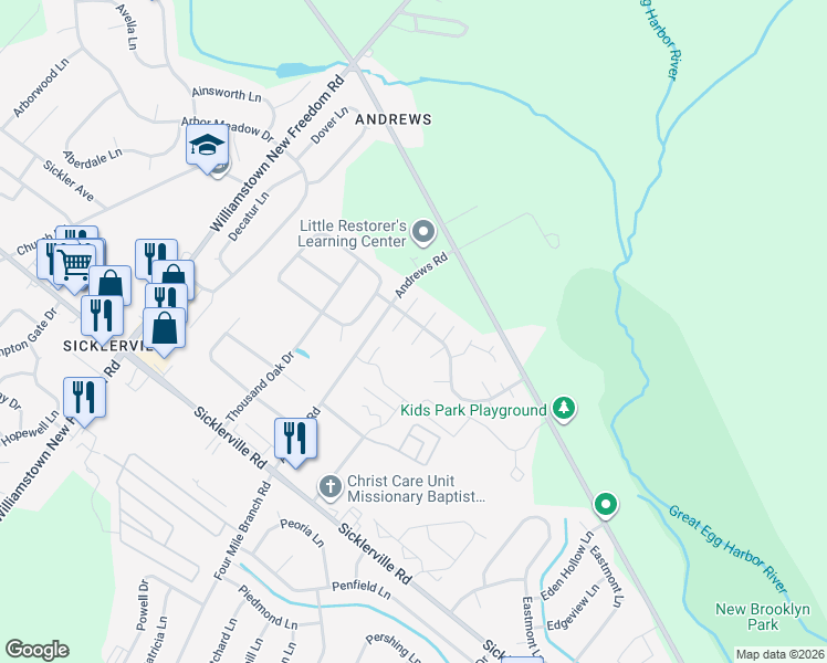 map of restaurants, bars, coffee shops, grocery stores, and more near 21 Lennox Court in Winslow Township