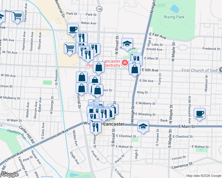 map of restaurants, bars, coffee shops, grocery stores, and more near 323 North Broad Street in Lancaster
