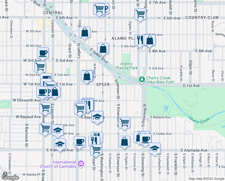 map of restaurants, bars, coffee shops, grocery stores, and more near 25 Emerson Street in Denver