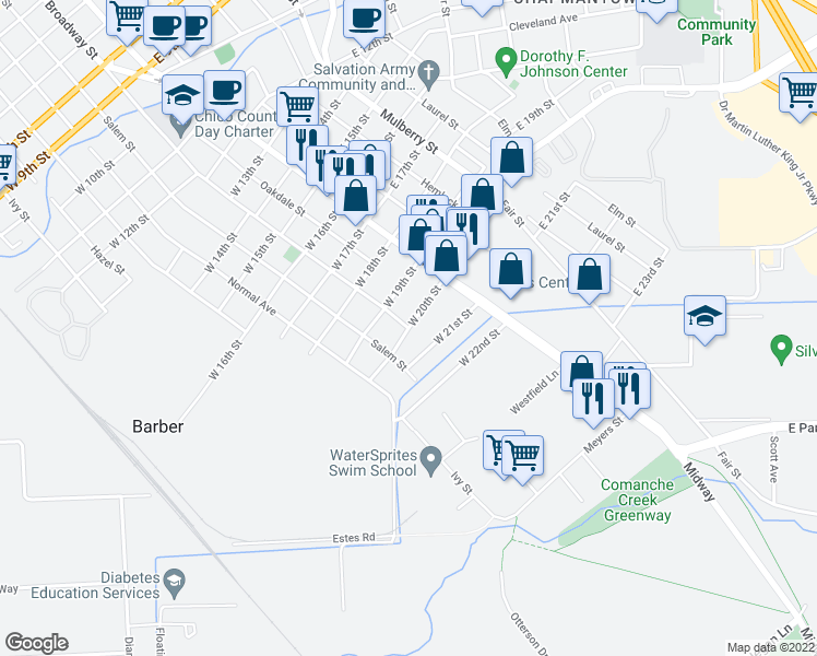 map of restaurants, bars, coffee shops, grocery stores, and more near Broadway Street & West 20th Street in Chico