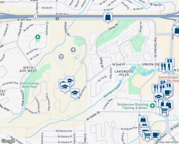 map of restaurants, bars, coffee shops, grocery stores, and more near 13115 West 2nd Place in Denver