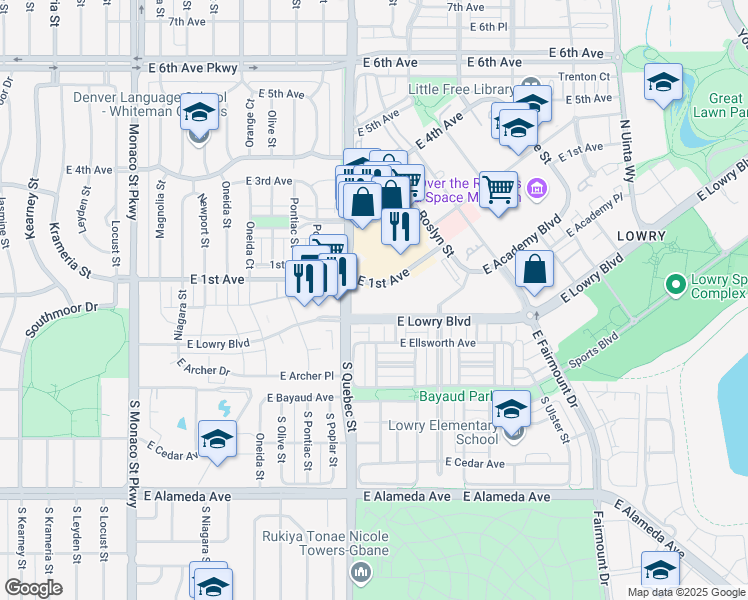 map of restaurants, bars, coffee shops, grocery stores, and more near 7362 East Lowry Boulevard in Denver