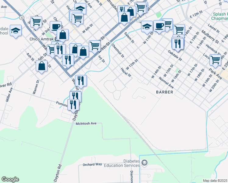 map of restaurants, bars, coffee shops, grocery stores, and more near 47 Cobblestone Drive in Chico