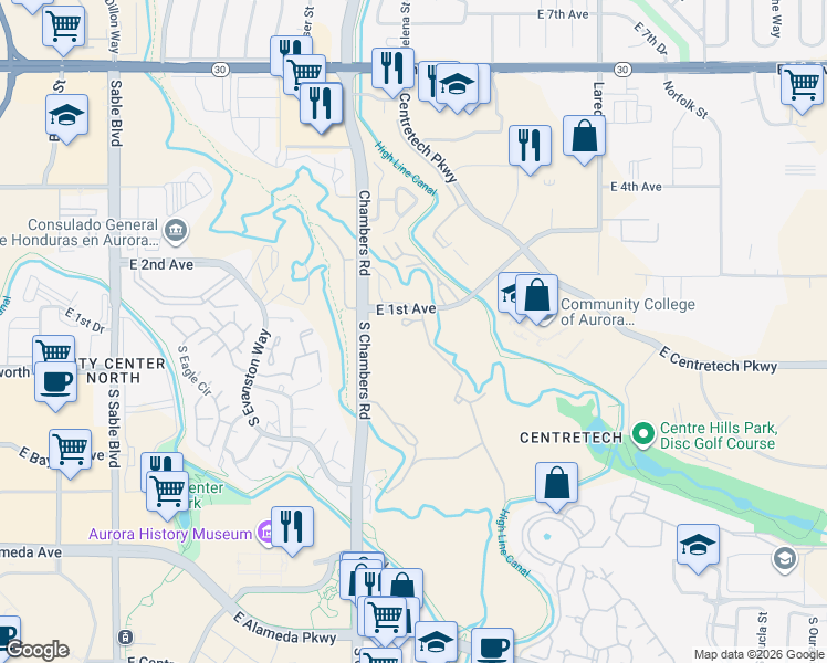 map of restaurants, bars, coffee shops, grocery stores, and more near 15402 East 1st Avenue in Aurora