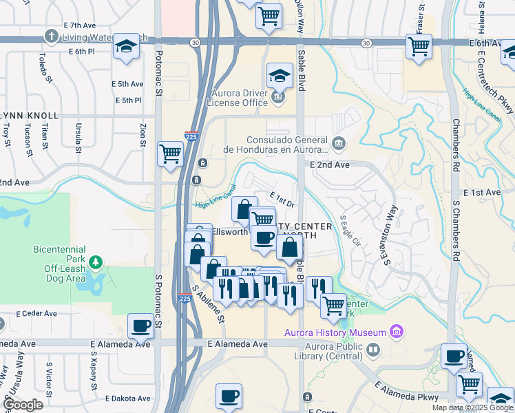 map of restaurants, bars, coffee shops, grocery stores, and more near 14216 East 1st Drive in Aurora