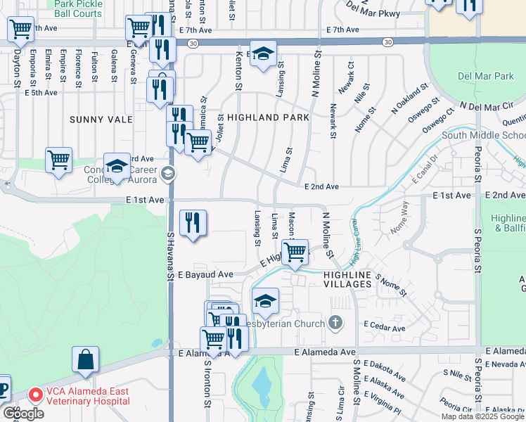 map of restaurants, bars, coffee shops, grocery stores, and more near 58 Lansing Street in Aurora