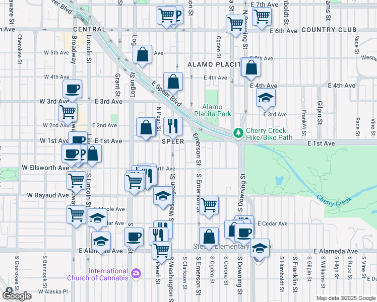 map of restaurants, bars, coffee shops, grocery stores, and more near 25 Emerson Street in Denver