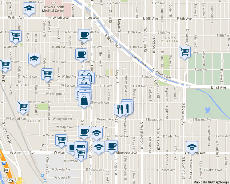 map of restaurants, bars, coffee shops, grocery stores, and more near 16t Grant Street in Denver