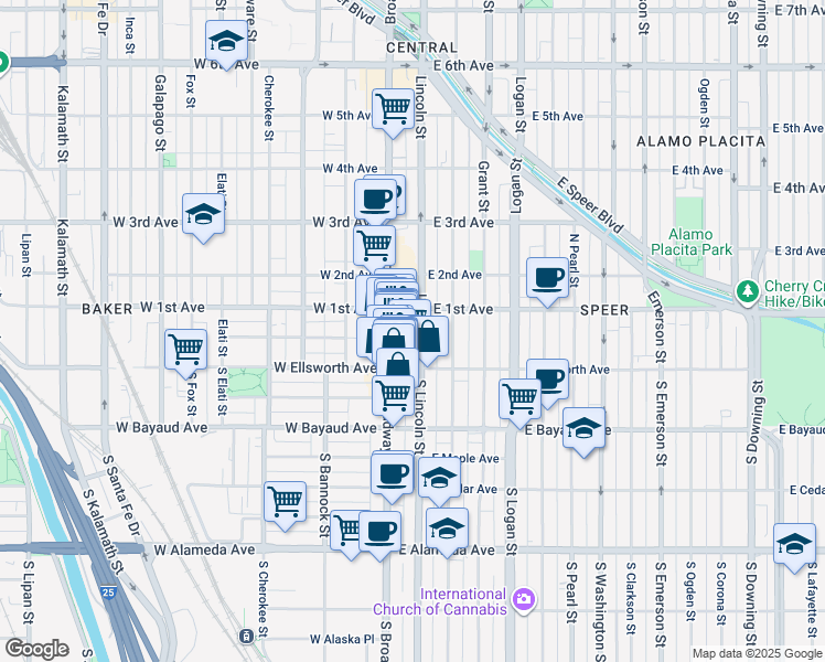 map of restaurants, bars, coffee shops, grocery stores, and more near in Denver