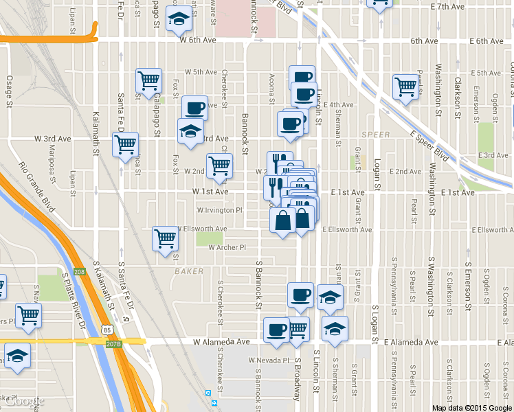 map of restaurants, bars, coffee shops, grocery stores, and more near 23 Acoma Street in Denver