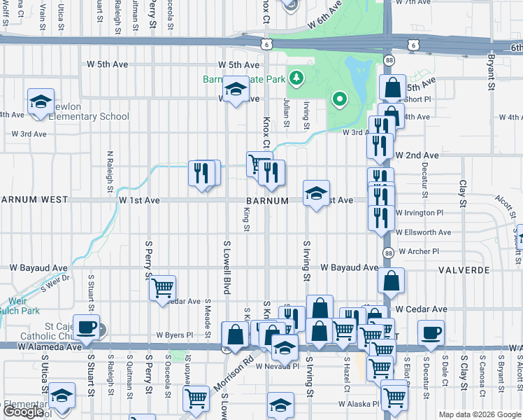 map of restaurants, bars, coffee shops, grocery stores, and more near 21 Knox Court in Denver