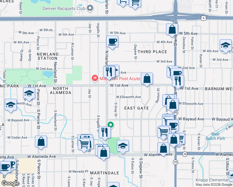 map of restaurants, bars, coffee shops, grocery stores, and more near 13 South Gray Street in Lakewood