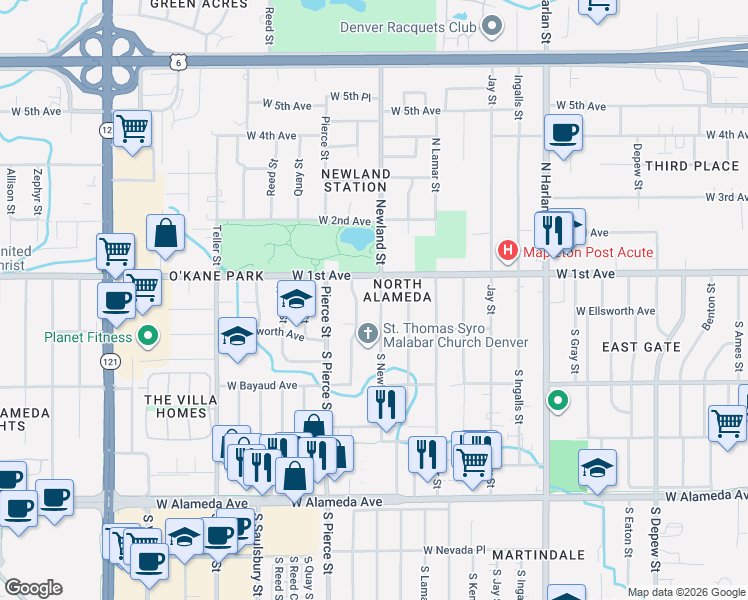 map of restaurants, bars, coffee shops, grocery stores, and more near 26 Newland Court in Lakewood