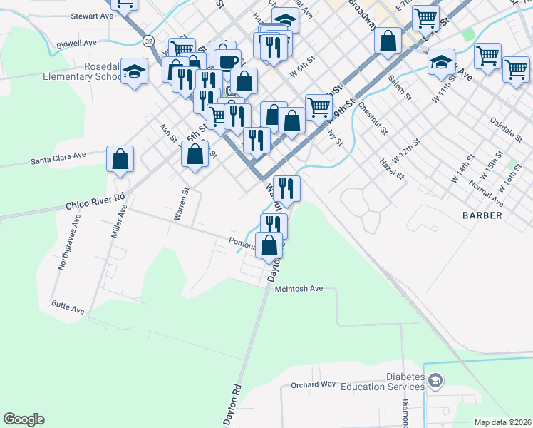 map of restaurants, bars, coffee shops, grocery stores, and more near 1121 Elmer Street in Chico