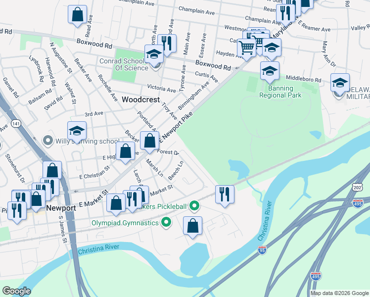 map of restaurants, bars, coffee shops, grocery stores, and more near 306 Forest Drive in Wilmington