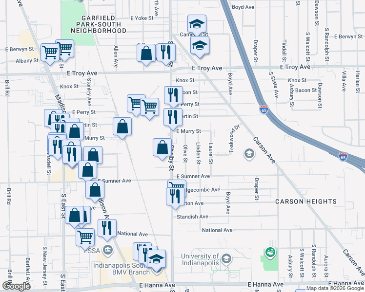 map of restaurants, bars, coffee shops, grocery stores, and more near Shelby Street in Indianapolis