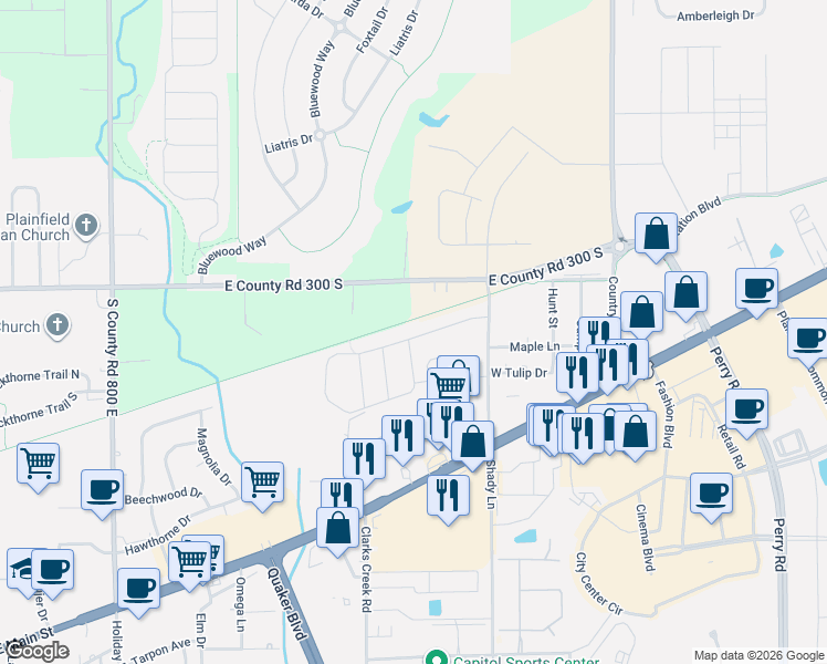 map of restaurants, bars, coffee shops, grocery stores, and more near 3658 Shady Lane in Plainfield