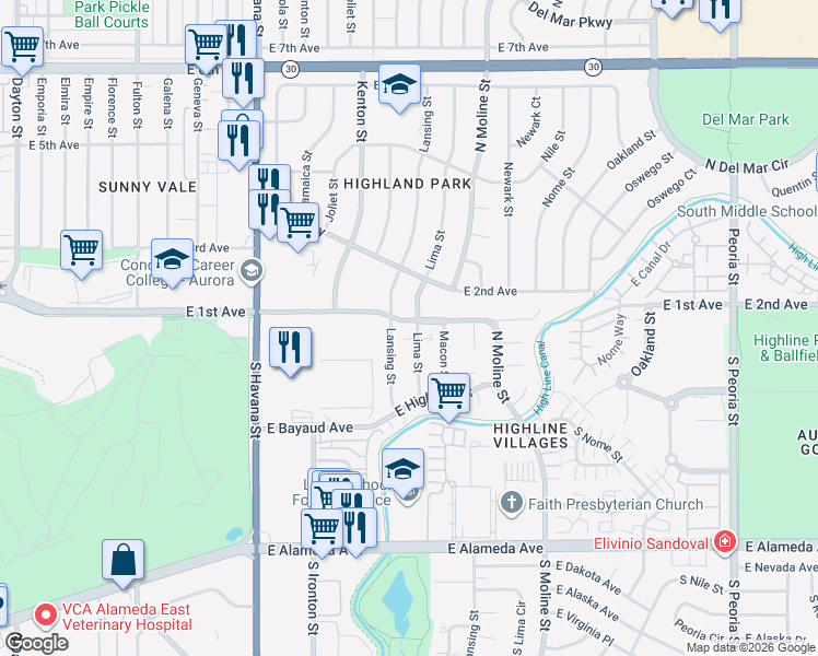 map of restaurants, bars, coffee shops, grocery stores, and more near 58 Lansing Street in Aurora