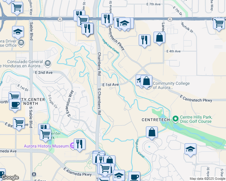 map of restaurants, bars, coffee shops, grocery stores, and more near 15402 East 1st Avenue in Aurora