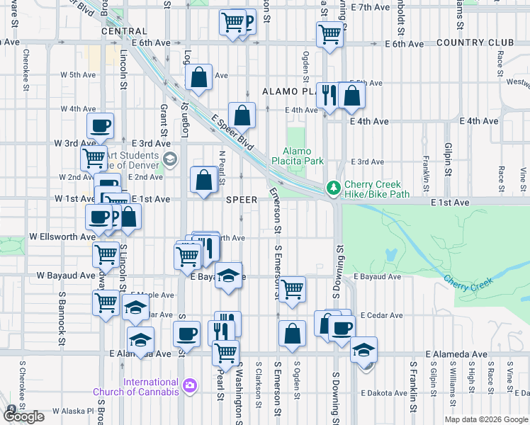 map of restaurants, bars, coffee shops, grocery stores, and more near 70 Clarkson Street in Denver