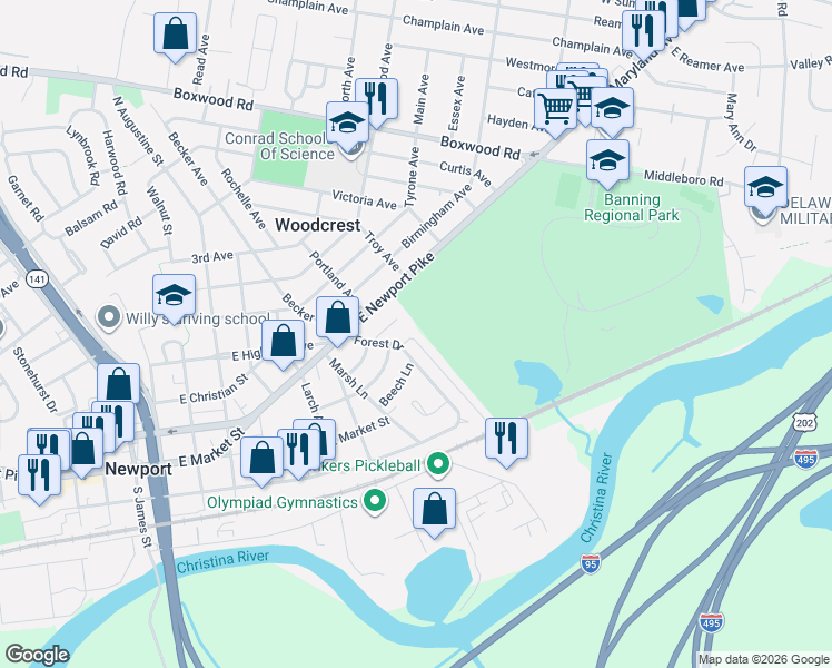 map of restaurants, bars, coffee shops, grocery stores, and more near 306 Forest Drive in Wilmington