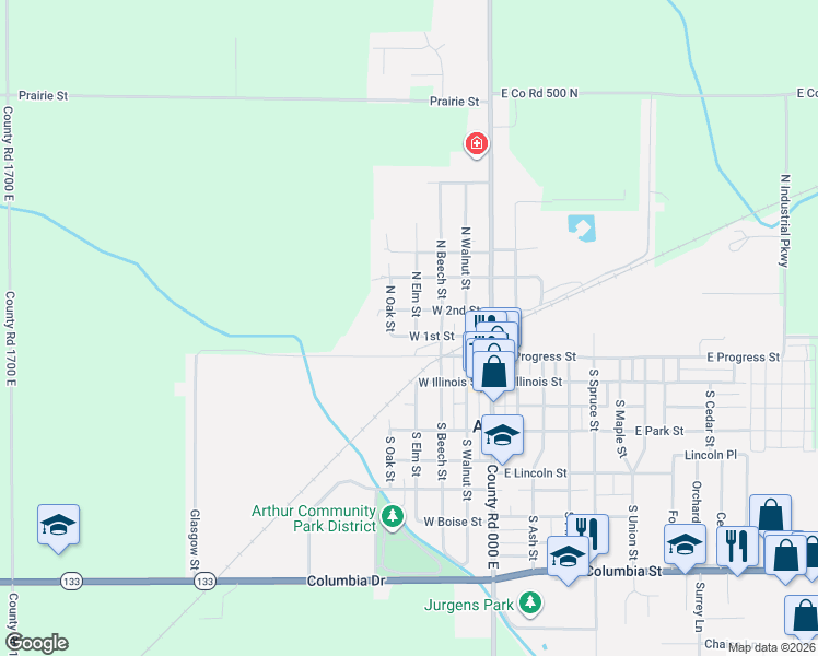 map of restaurants, bars, coffee shops, grocery stores, and more near 292-498 West Progress Street in Arthur