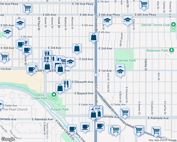 map of restaurants, bars, coffee shops, grocery stores, and more near in Denver