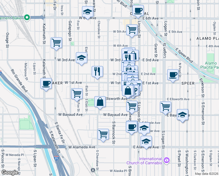 map of restaurants, bars, coffee shops, grocery stores, and more near 201 West 1st Avenue in Denver