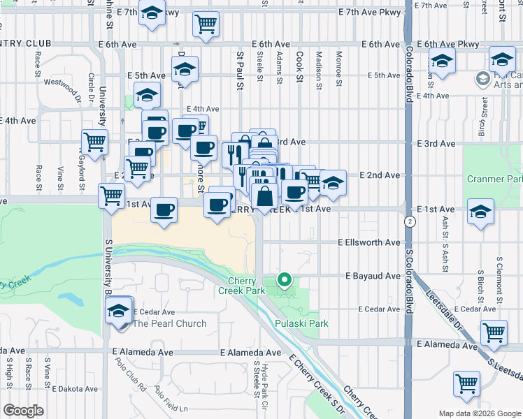 map of restaurants, bars, coffee shops, grocery stores, and more near 135 Adams Street in Denver