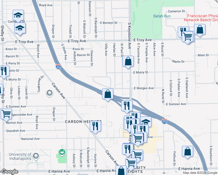 map of restaurants, bars, coffee shops, grocery stores, and more near 2015 East Werges Avenue in Indianapolis