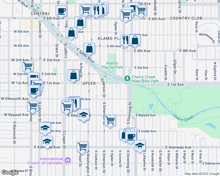 map of restaurants, bars, coffee shops, grocery stores, and more near 65 Ogden Street in Denver