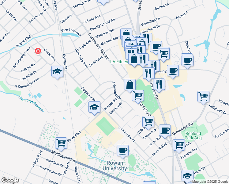 map of restaurants, bars, coffee shops, grocery stores, and more near 2 Clearview Avenue in Glassboro