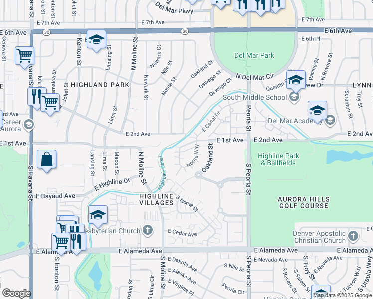 map of restaurants, bars, coffee shops, grocery stores, and more near 11896 East 2nd Avenue in Aurora