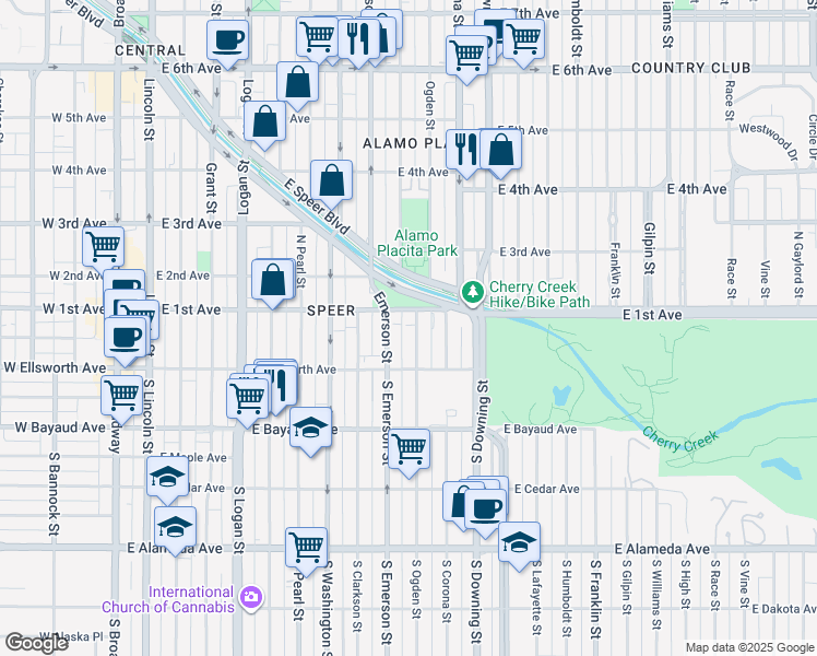 map of restaurants, bars, coffee shops, grocery stores, and more near in Denver