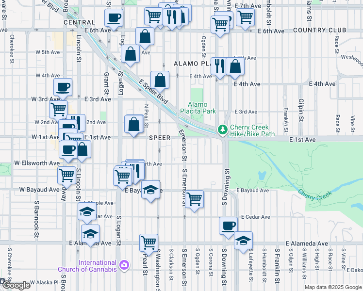 map of restaurants, bars, coffee shops, grocery stores, and more near 100 North Clarkson street in Denver