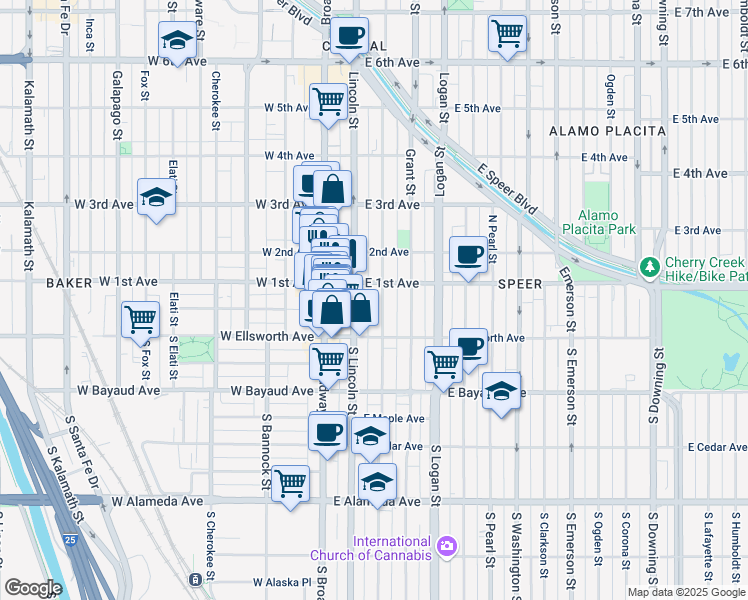 map of restaurants, bars, coffee shops, grocery stores, and more near 100 Sherman Street in Denver