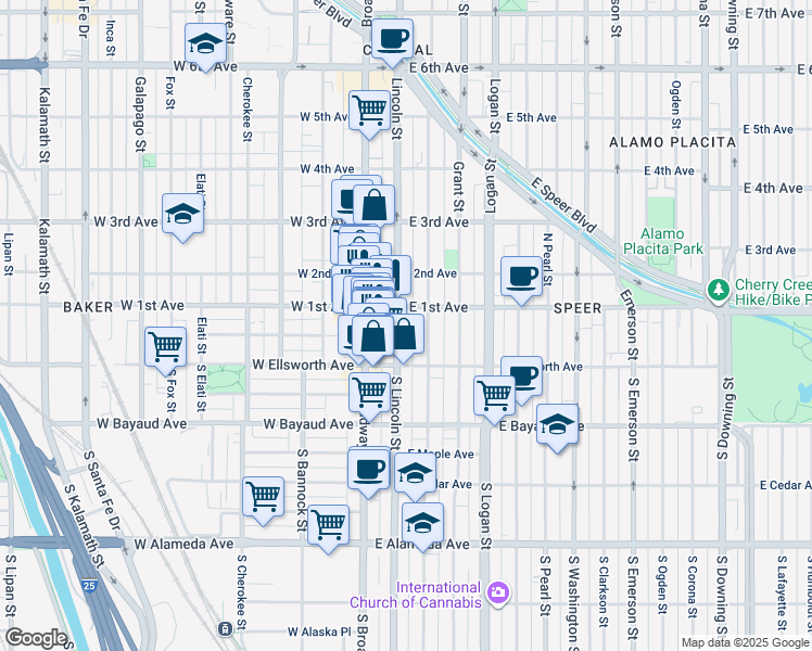 map of restaurants, bars, coffee shops, grocery stores, and more near in Denver