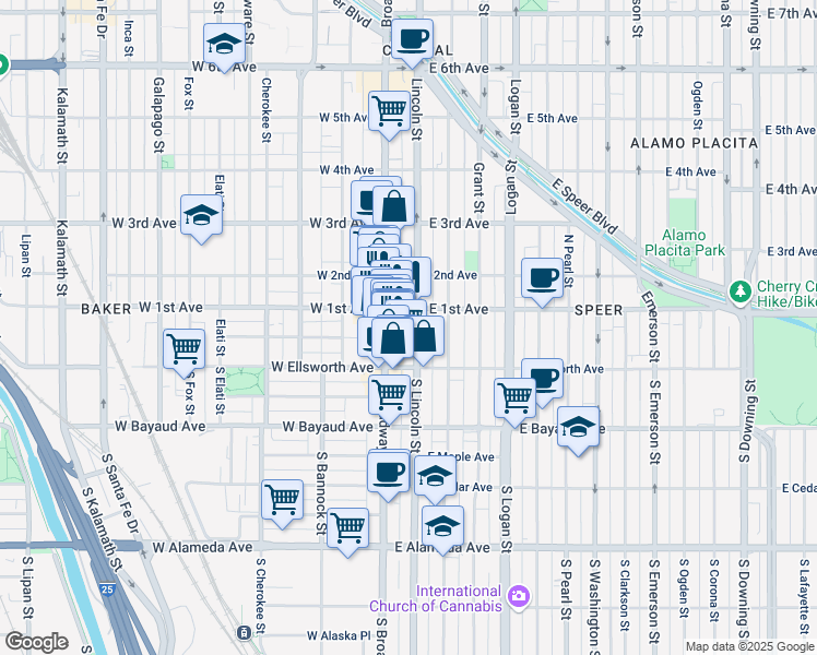 map of restaurants, bars, coffee shops, grocery stores, and more near in Denver