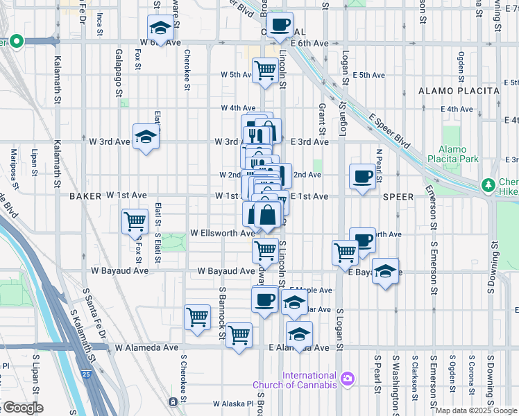 map of restaurants, bars, coffee shops, grocery stores, and more near in Denver