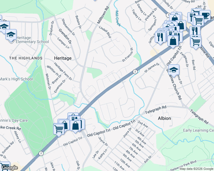 map of restaurants, bars, coffee shops, grocery stores, and more near 5159 West Woodmill Drive in Wilmington