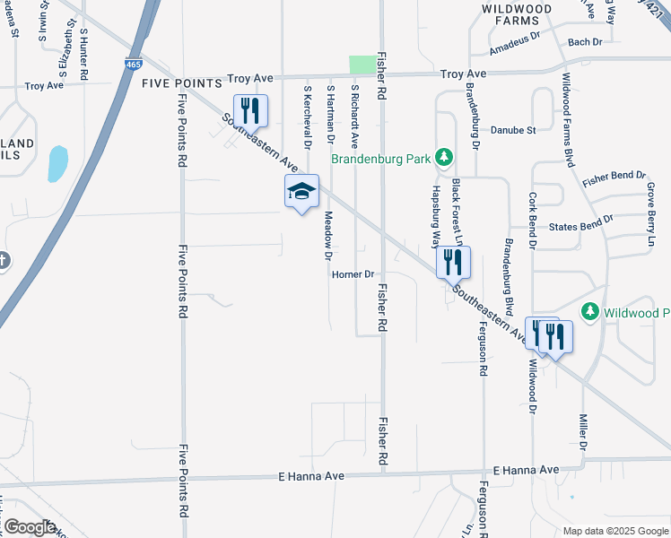 map of restaurants, bars, coffee shops, grocery stores, and more near 3440 South Sadlier Drive in Indianapolis