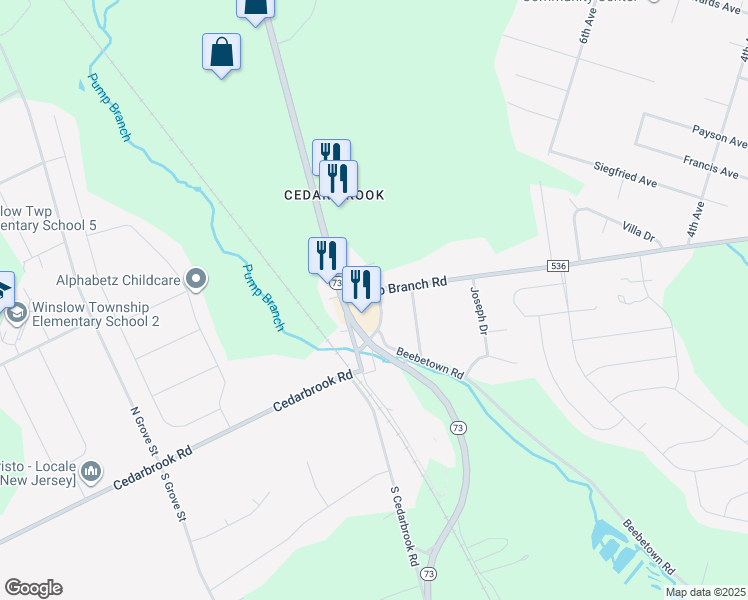 map of restaurants, bars, coffee shops, grocery stores, and more near 7 Pump Branch Road in Berlin