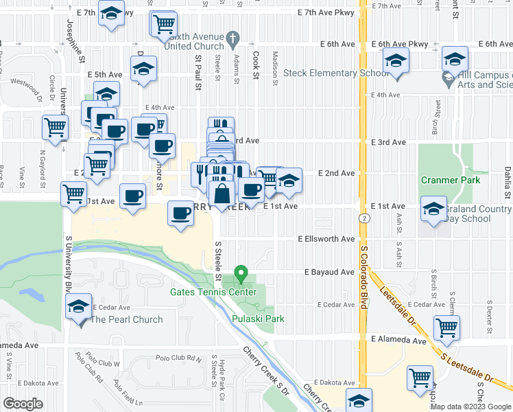 map of restaurants, bars, coffee shops, grocery stores, and more near E 1st Ave & Cook St in Denver