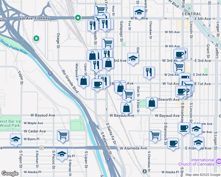 map of restaurants, bars, coffee shops, grocery stores, and more near in Denver
