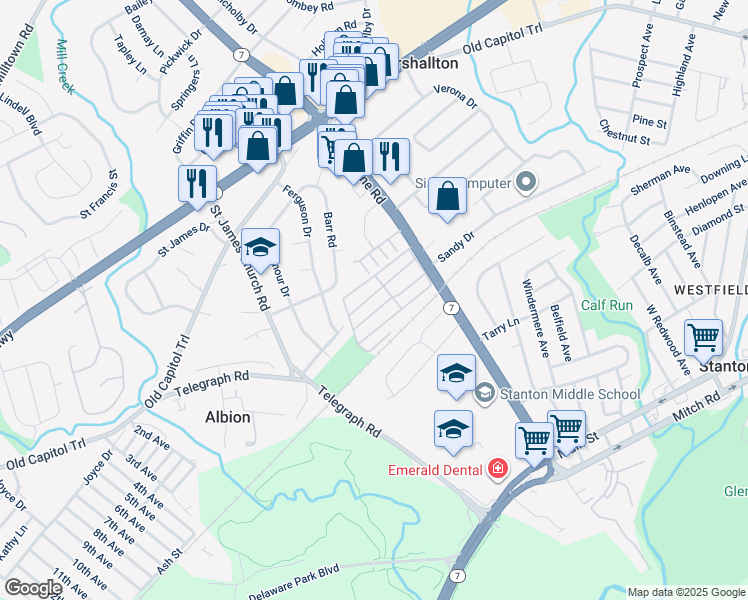 map of restaurants, bars, coffee shops, grocery stores, and more near 30 Utah Road in Wilmington