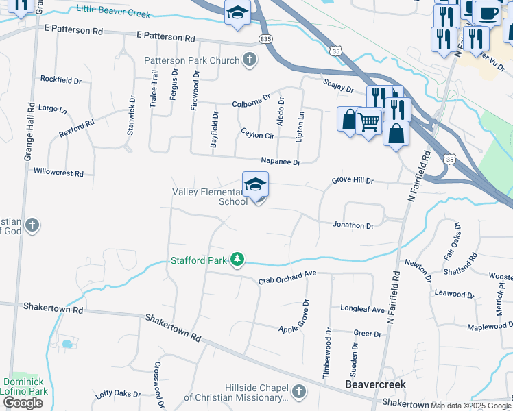 map of restaurants, bars, coffee shops, grocery stores, and more near 3601 Jonathon Drive in Beavercreek