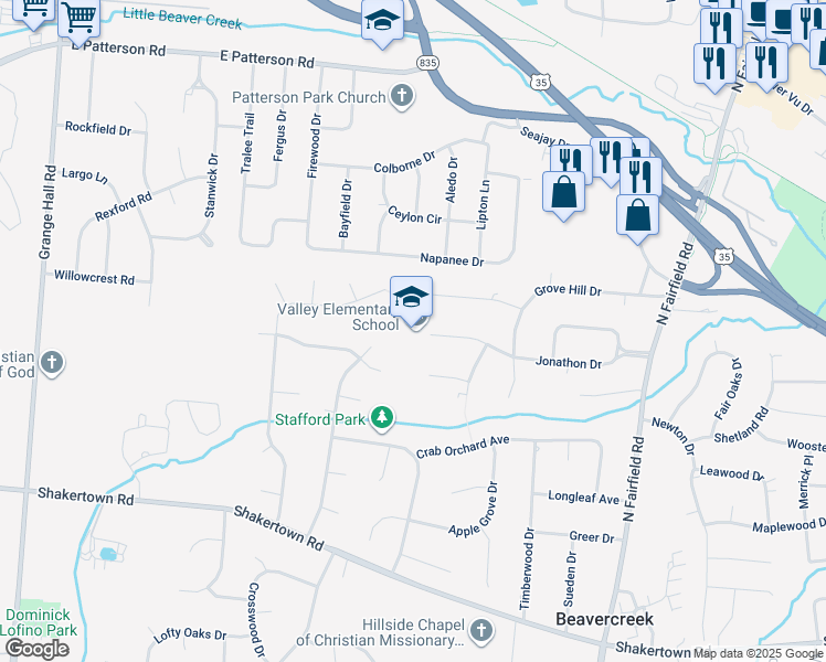 map of restaurants, bars, coffee shops, grocery stores, and more near 3601 Jonathon Drive in Beavercreek