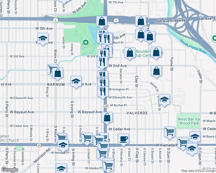 map of restaurants, bars, coffee shops, grocery stores, and more near 74 Federal Boulevard in Denver
