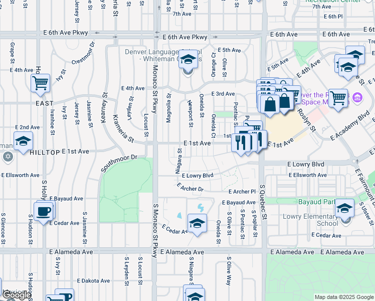 map of restaurants, bars, coffee shops, grocery stores, and more near 85 Newport Street in Denver