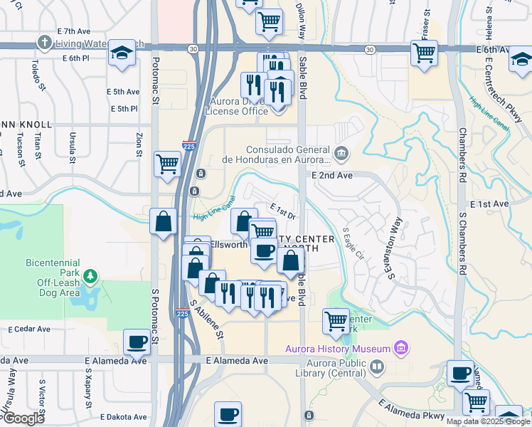 map of restaurants, bars, coffee shops, grocery stores, and more near 14353 East 1st Drive in Aurora